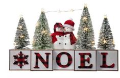 a wooden block sign that says noel with snowmen and christmas trees in the background