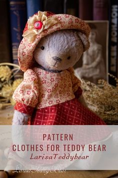 a teddy bear wearing a dress and hat with text overlay that says pattern clothes for teddy bear