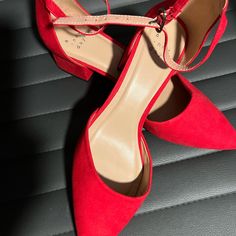 These Shoes Were Gifted To Me A While Back, Red Suede W/Ankle Straps, Can Be Worn Casual Or Dressed Up, Never Used Too Big For Me, Nwot Red Ankle Strap Casual Heels, Casual Red Heels With Ankle Strap, Red Casual Ankle Strap Heels, Casual Red Ankle Strap Heels, Casual Red Low Heel Heels, Red Suede, Ankle Straps, New Color, Dress Up