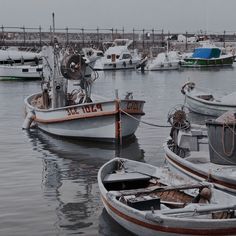 several small boats are docked in the water