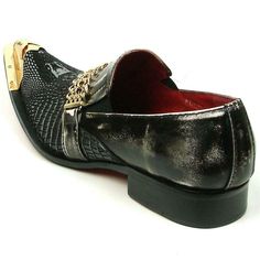 Men's Fiesso Black Grey Leather Snake Print Slip on Shoes Metal Tip FI 7435 SLIP ON SHOES MEDIUM WIDTH SNAKE PRINT GOLD CHAIN ON TOP RED BOTTOM CUSHIONED INSOLE GENUINE LEATHER UPPER LEATHER LINING MAN MADE SOLE IMPORTED Snake Leather, Red Bottom, Red Bottoms, Grey Leather, Snake Print, On Shoes, Black Grey, Loafers Men, Slip On Shoes