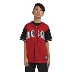 Baseball vibes with a basketball legacy. Showcase your love for both games in the Jordan HBR Baseball Jersey. Made with lightweight fabric, this jersey buttons down the front. It features heat-sealed Jordan and 23 logos on the front and back. Pair it with your AJ1s for a look worth posting on your socials. Button down jersey. Heat-sealed appliques logos at the front and back. Imported. Boys Look, School Jersey, Jersey Uniform, Jordan Logo, Jersey Boys, A Basketball, Grade School, Baseball Jersey, Baseball Jerseys