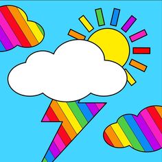 a drawing of a rainbow colored lightning with clouds and sun