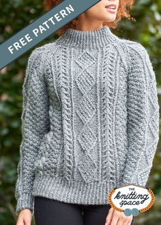 a woman wearing a gray cable knit sweater with the text free pattern below it that says,