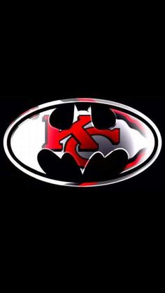 the batman symbol is shown in red and white on a black background, it appears to be