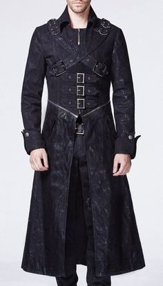 Veste noire homme avec zip, sangles, attaches et poches Punk Rave > STEAMPUNK STORY - PUNKR0012 Shop : www.steampunk-story.com Gothic Trench Coat, Moda Steampunk, Era Victoria, Gothic Coat, Denim Trench Coat, Leather Trench, Gothic Steampunk, Trench Coat Black, Leather Trench Coat