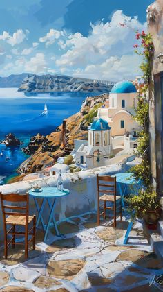 a painting of an outdoor dining area overlooking the ocean