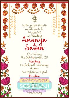 an ornate wedding card with flowers and leaves on the border is shown in red, green,