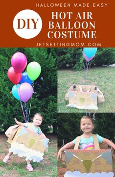 a collage of photos showing how to make an air balloon costume with paper and balloons