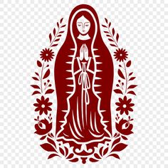 the virgin mary icon in red and white with flowers around it, on a transparent background