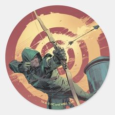 a sticker with an image of a person holding a bow and arrow on it