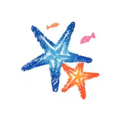 a starfish and fish are drawn in chalk on a white paper with colored crayons