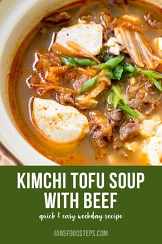 a bowl of kimchi tofu soup with beef