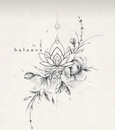 a black and white drawing of flowers with the words balance written on it's side