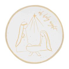 a white and gold plate with a nativity scene on it