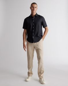 Made from the best linen, and sustainably sourced from Europe, this is the perfect linen shirt. It's breathable and lightweight for those warmer days. And, our 100% linen is certified by OEKO-TEX® Standard 100 and was produced in Business Social Compliance Initiative facilities.  | Quince | Men's 100% European Linen Short Sleeve Shirt in Black, Size XXL Everyday Linen Short Sleeve Button-up Shirt, Classic Linen Short Sleeve T-shirt, Relaxed Fit Linen T-shirt, Relaxed Linen Short Sleeve T-shirt, Linen Short Sleeve Button-up Shirt With Pockets, Mens Linen, Linen Short, European Linens, Mens Casual Outfits