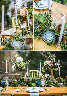 the table is set with candles, flowers and succulents