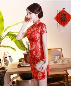 New Luxurious Red Satin Chinese Floral Short Dress Cheongsam Qipao lcdress82 | eBay Red Cheongsam Dress, Chinese New Year Dress, Womens Beach Dresses, Vintage Pink Dress, Bow Tie Dress, Print Chiffon Dress, Vintage Party Dresses, Women Dress Collection, Plus Size Mini Dresses