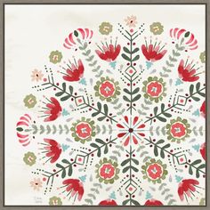 a white and red flowered design with green leaves on the center is framed by a brown frame