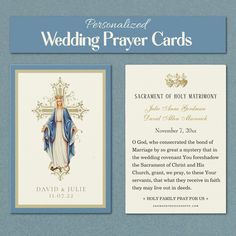 a blue and white wedding card with the image of jesus on it's back