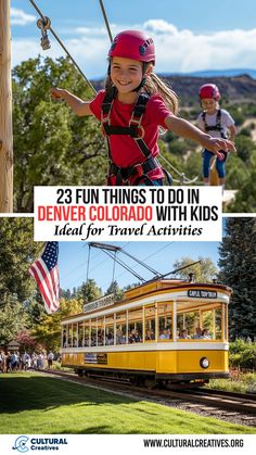 A child enjoying a zipline adventure and a bright yellow trolley with passengers, highlighting 23 Fun Things to Do in Denver Colorado with Kids. Denver With Kids, Kids Travel Activities