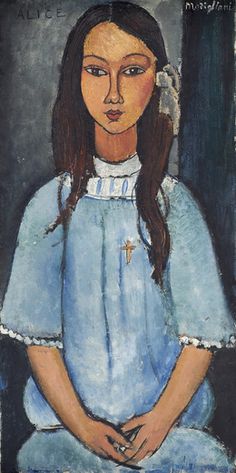 a painting of a girl with long hair wearing a white dress and holding her hands together