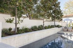 an outdoor swimming pool surrounded by trees and shrubs