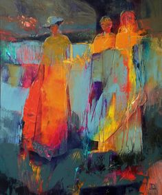 an abstract painting of three women in orange dresses and hats, one woman is holding her hand out to the other