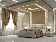 a modern bedroom with white and beige decor