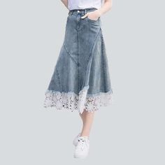 Get ready to make a statement with our 2023 Spring-Summer Collection's denim skirt. crafted with the perfect blend of street style and vintage charm!Why It's Destined to Be Your New FavoriteDesigned with a flattering A-line cut. this skirt is crafted with a high-waist for a timeless look and is adorned with intricate lace embroidery. adding a unique touch. Its extended length and medium wash exude a classic elegance. making it an indispensable addition to your fashion-forward wardrobe.Exquisite Denim Skirt Jeans For Spring, Spring Lace Patchwork Skirt, Casual Lace Patchwork Bottoms, Casual Lace Bottoms With Patchwork, Casual Lace Bottoms With Lace Patchwork, Summer Skirt With Lace Patchwork, Summer Lace Patchwork Skirt, Spring Skirt With Lace Patchwork, Denim Midi Skirt For Summer