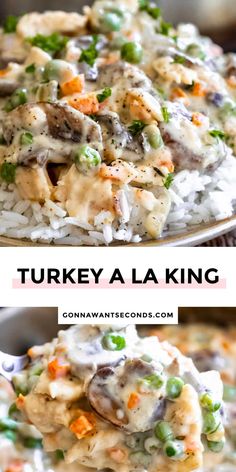 chicken and rice casserole in a skillet with the words turkey la king above it