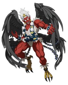 an anime character with large black wings and red body, standing in front of a white background