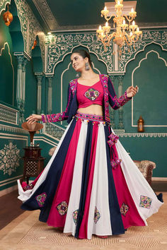 Multi color navratri lehenga choli with Embroidered Jacket Chaniya Designs Style, Chaniya Designs, Jacket Lehenga Designer