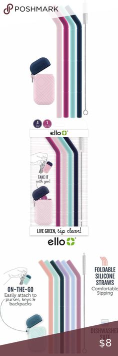 Ello Impact Silicone Fold & Store Straws with Carry Case, 4 Piece, June Breeze June Breeze, Bring It, Carrying Case, Food Grade Silicone, Brush Cleaner, Food Grade, Carry On, Dishwasher Safe, Straw