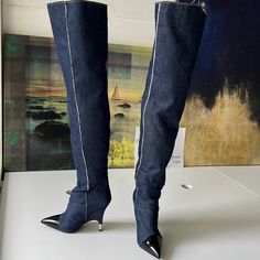 - Designer = Giuseppe Zanotti - Size = 6m(36). Trunk 10 - Color = Blue - Msrp = $1695 - Giuseppe Zanotti All Over Denim Side Functional Button 6m(36) Knee Hi Boots - Made In Italy -8heel Height = Approximately 4.25” Inches - Height Measured At Top Tip Of Boots To Bottom Tip Of Heel= Approximately 69.5cm - Circumference Measured At Top Tip Of Boots All Around = Approximately 45cm - Circumference Measured At Shin Area = Approximately 37cm - Genuine And Authentic Or Your Money 4back Trunk 10 Fitted Denim Boots With Pointed Toe, Chic Denim Blue High Heel Boots, Designer Fitted Boots For Spring, Denim Blue Pointed Toe Party Boots, Party Denim Blue Pointed Toe Boots, Chic Fitted Denim Blue Boots, Denim Blue Party Boots, Fitted Denim Blue Boots For Party, Fitted Denim Blue Party Boots