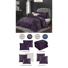 purple bedding and pillows with white trim