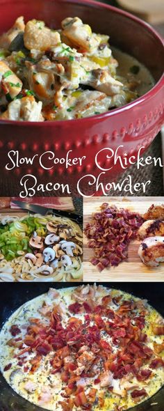 slow cooker chicken bacon chowder recipe in a red casserole dish with ingredients