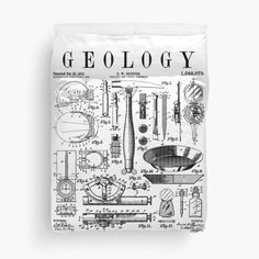 a black and white drawing of various tools on a sheet with the words geology written in