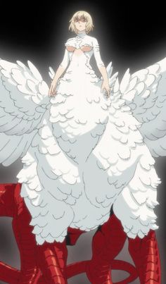 a woman in white dress standing on top of a red shoe with wings flying above her