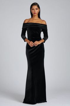 Off The Shoulder Stretch Velvet Portrait Collar Column Gown Groom Black Tie, Form Outfits, Proper Attire, 6th Form, Evening Gowns With Sleeves, Dark Dress, Shoulder Stretch, Velvet Gown, Kitchen Fireplace