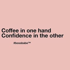 the words coffee in one hand and confience in the other on a pink background