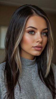 Underneath Hair Highlights, Long Money Piece Hair, Long Bob With Money Piece, Hair For Thinning Hair Women, Winter Hair Color Medium Length, Mid Length Hair Curls, Crown Highlights On Dark Hair, Haircut Ideas For Brunettes, Front Highlights Brown Hair Face Framing