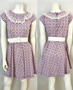 "Vintage 60's White, Purple, Floral, Dress (Size 4) This Dress comes in white cotton with a square geometric and floral print throughout in purple and green, has cap with a v neckline, with a fitted waist, with a full skirt that sits above the knee in length. The fabric is light weight and does not stretch. *Belt not included. 100% Cotton 100% Lace No inside labels *This dress is in excellent condition. *Belt not included. Size: (S) Modern Day 4 Bust: up to 34\" Waist: 28\" Hips: free Length: 35 Purple Floral Dress, Floral Robes, Stretch Belt, Purple And Green, Full Skirt, Purple Floral, Dress Clothes For Women, Above The Knee, White Cotton