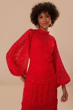 Red Guipire Long Sleeve Maxi Dress – FARM Rio High Neck Lace Dress With Lace Sleeves, Long Sleeve Lace Work Maxi Dress For Spring, Feminine Red Long Sleeve Maxi Dress, Evening Long Sleeve Maxi Dress With Lace Work, Long Sleeve Maxi Dress With Lace Work For Evening, Long Sleeve Lace Maxi Dress With Lace Work, Elegant Long Sleeve Crochet Lace Dress, Long Sleeve Scalloped Lace Maxi Dress For Party, Elegant Long Sleeve Maxi Dress With Scalloped Lace