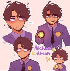 the character michael afton is wearing a purple shirt and tie