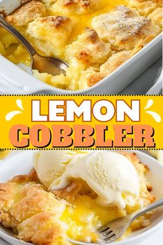 lemon cobbler with ice cream in a white dish