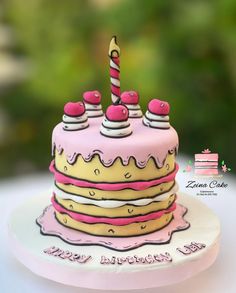 a birthday cake with pink and yellow frosting