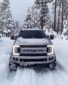 a truck is parked in the snow near some trees