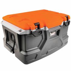 an orange and gray cooler with wheels on the bottom is sitting in front of a white background