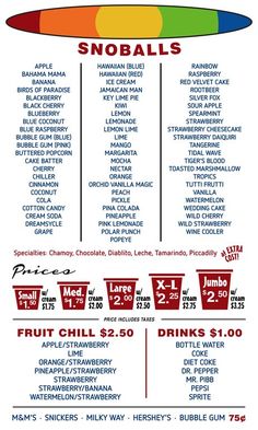 the menu for snobballs is shown in red and white